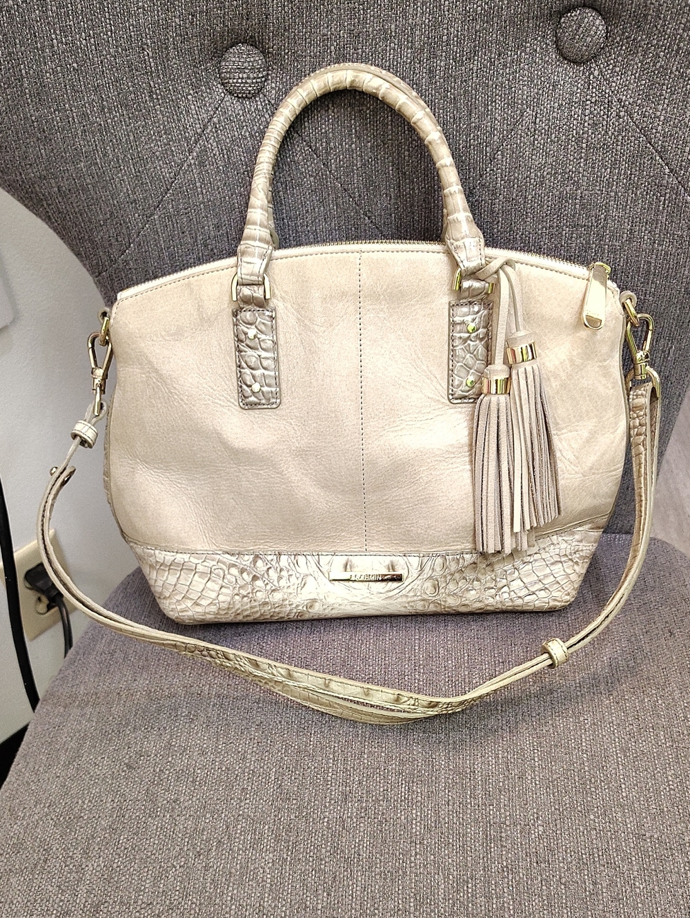 Brahmin Cream Leather Satchel with Tassel Detail